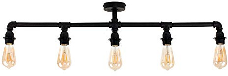 MiniSun | Industrial Steampunk Style 5 Way Satin Black Pipework Bar Ceiling Light - Complete with 4w LED Filament Bulbs [2700K Warm White] | Ceiling Lights & Home Improvements Essential | Mains Wired