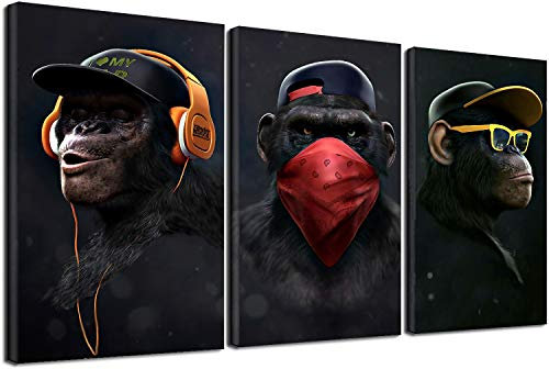 Wise Monkeys Canvas Wall Art Pictures, Funny Chimp Headphone Animal Canvas Prints for Living Room Modern Home Decor 3 Pcs (No Frame, 30x50cm(11.8x19.7))