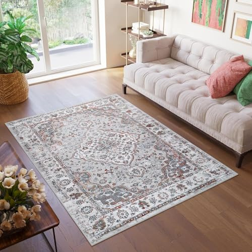 TAPISO Valley Teppich Kurzflor Hellgrau Rostbraun Blau Ornament 80 x 150 cm | Rosette Vintage Klassisch Meliert Used Effekt Wohnzimmer Schlafzimmer OEKO-TEX