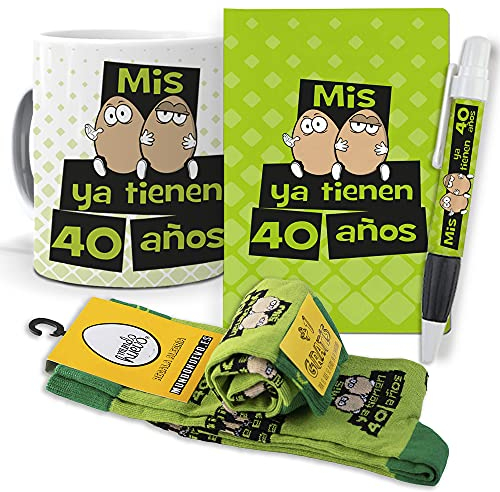 mundohuevo Super Regalo Personalizado para 40 cumpleaños Hombre. Mis Huevos ya Tienen 40 años. Taza, libreta, boli y Trio de Calcetines