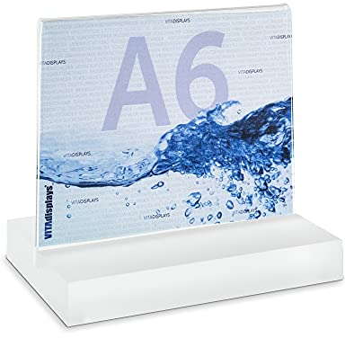 VITAdisplays DIN A6 Werbeaufsteller im Querformat mit massiver, satinierter PLEXIGLAS Basis, T-Ständer, T-Aufsteller als Tischaufsteller