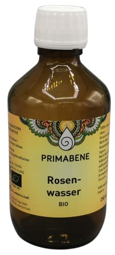 PRIMABENE Bio Rosenwasser 250 ml - Naturreines Gesichtswasser aus Rosa Damascena für Gesicht, Haare & Körper - lebensmittelgeeignet - wiederverwendbare Glasflasche - alkoholfrei, frei von Zusätzen