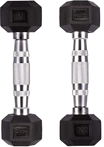 GYM MASTER Hex Dumbbells - Rubber Encased Cast Iron Hand Weights and Optional 3 Tier Rack - Pair of 01KG (2KG Total)