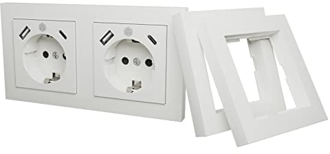 ICY Box Steckdose mit USB Unterputz, 2X USB-C & 2X USB-A Ports (Set für 1x Doppelsteckdose oder 2X Einzelsteckdose), 2-Fach Wandsteckdose, IB-MPS4200W-PD