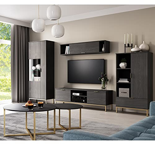 Wohnwand Set (Vitrine, Hängeschrank, TV Lowboard, Highboard) und Couchtische in Esche schwarz Nb., inkl. LED Beleuchtung, Industrial Design, B/H/T ca. 320/190/41 cm