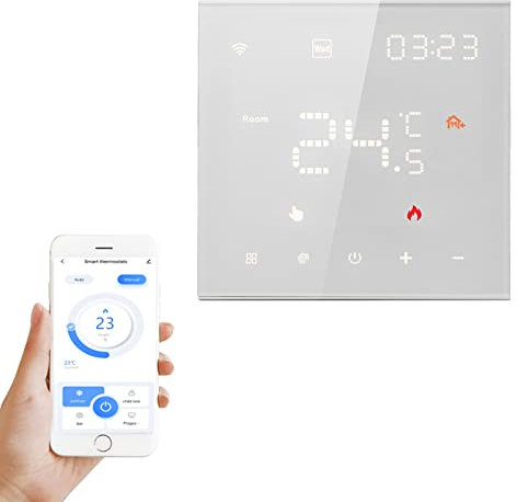 Qiumi Wifi Thermostat for Water/Boiler Heating,Yellow Warm Font Display Compatible with Alexa Google Home,3A 95~245VAC
