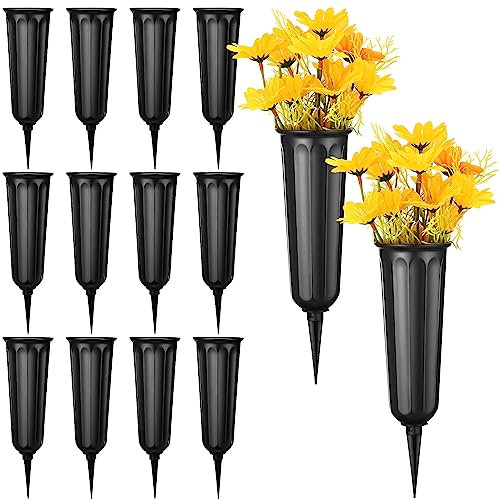 Lot de 12 vases de cimetière avec pointes en plastique pour décoration de tombe, fleurs funéraires, cônes dans le sol avec piquets pour pelouse, pierre tombale, décoration de tombe, fleurs fraîches