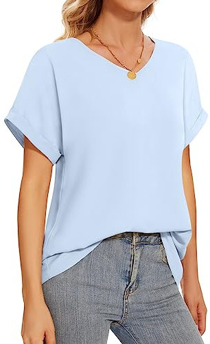 Bestbee Womens Dressy Chiffon Blouses 2024 Summer Short Sleeve Shirts Casual T-Shirts V Neck Flowy Tunic Tops Lightweight, Light Blue, M