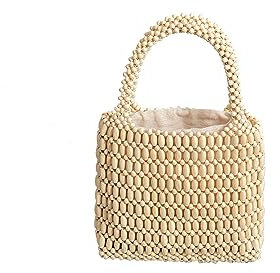 CORIOS Handwoven Tote Bag for Women - Handmade Drawstring Bag with Wooden Beads, Bohemian Clutch for Summer Beach and Daily Use in White