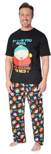 South Park Mens Pyjamas Set T-Shirt Long Bottoms Teens PJs Comfy Loungewear Kenny Eric Cartman Nightwear Funny Gifts for Men (2XL, Black/Multi)