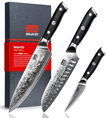 SHAN ZU Damastmesser-Set, 3-teilig japanisches Superstahl-Damast-Küchenmesser-Set, hochkohlenstoffreiches professionelles ultrascharfes Kochmesser-Set mit G10-Griff Geschenkbox