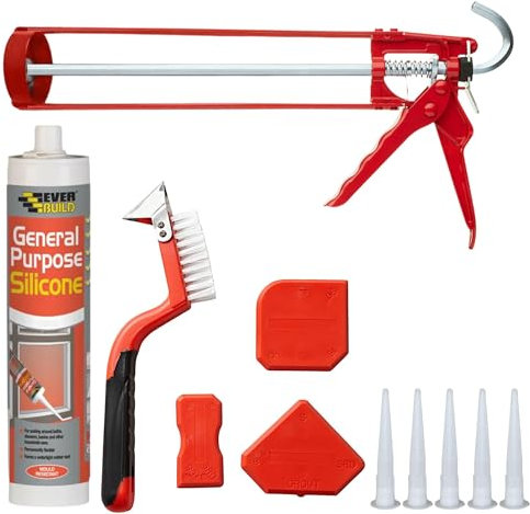 Anti Mould White Silicone Sealant Set - Bundle Includes Everbuild General Purpose Waterproof Sealant, Silicone Remover Tool, Caulking Gun, 5 Spare Nozzles