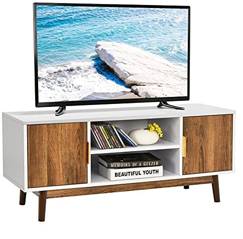 COSTWAY TV Stand for TVs up to 50, Wooden TV Cabinet Media Entertainment Center with 2 Doors, 2-Tier Open Shelves, Cable Holes & Solid Legs, Modern TV Unit Console Table for Living Room Bedroom