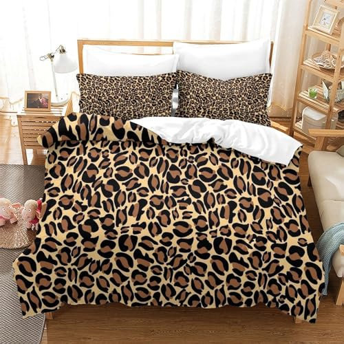 tanzhenning Leopard Print Printed Duvet Cover Set Bedding Set 3 Pcs Soft Microfiber Quilt Cover with Pillowcases And Zipper Closure Single(140x200cm)
