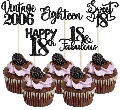 30 Stück Vintage 2007 Cupcake Toppers Glitzer Happy 18th Geburtstag Tortendeko Cheers to 18 Fabulous Eighteen Kuchen Deko für 18th Geburtstag Hochzeit Jahrestag Party Schwarz