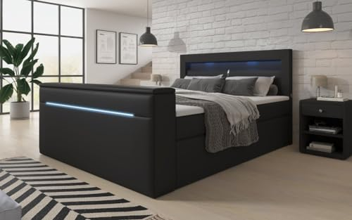 Luxusbetten24 Boxspringbett Repos 160x200 Doppelbett Polsterbett Bett mit TV Lift, USB und LED | Bezug: Kunstleder | Farbe: Schwarz | Härtegrad: H2 (bis 70kg)