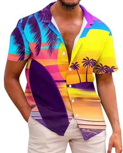 Yowablo Hawaii Hemd hawaiihemd Bedrucktes, modisches, lässiges, kurzärmliges Herrenhemd mit Knopfleiste Herren (Purple #4, XXXXXL)