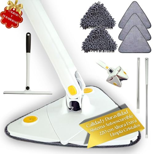 Pack Supervivencia de Limpieza Fregona Autoescurrible Triangular Que Limpia Azulejos Pared Y Cristales con Rasqueta Profesional Mopa Eficaz para Esquinas Difíciles Ideal para Baños y Azulejos