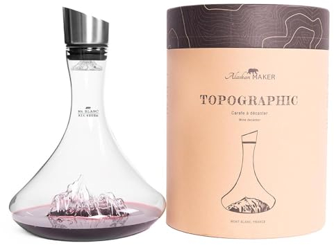 Carafe à décanter le vin 1.8 L | Borosilicate de qualité supérieure soufflés artisanalement avec les montagnes en relief | Bouchon 3 en 1 (filtre, aérateur et bec verseur) (Mont Blanc)