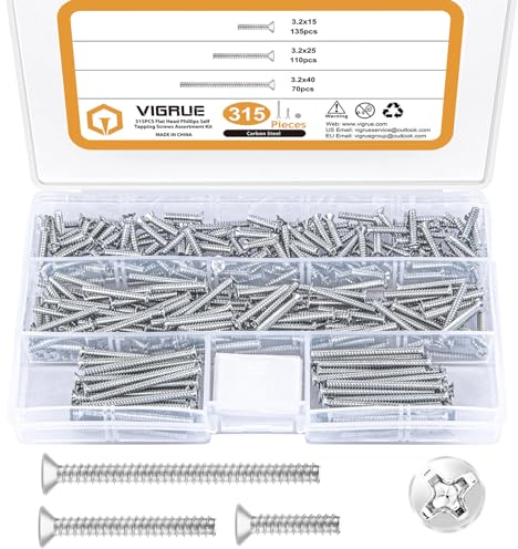 VIGRUE 315 Stück Geräteschrauben für Schalterdosen, Maschinenschrauben Sortimentsbox Ø 3,2x15mm, 3,2x25mm, 3,2x40mm, Senkschrauben aus Stahl Verzinkt mit Kreuz, Für Reparatur instabiler Steckdosen