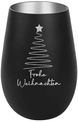 Der-Porzellan-Laden Windlicht mit Gravur Frohe Weihnachten Baum schlicht, Schwarz Silber, Teelichthalter Weihnachten aus Glas, Weihnachtsdeko Tischdeko