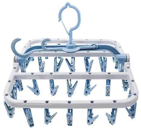 Newthinking Stendibiancheria con mollette per stendibiancheria, portatile, pieghevole, in plastica, con 32 clip e gancio girevole a 360°, per piccoli vestiti, calzini, biancheria intima (blu)