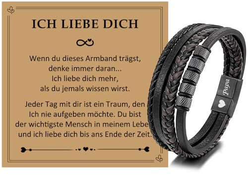 JSNOM Vatertagsgeschenke für Papa Geschenk Armband: Schmuck Geflochten Leder Weihnachten Geburtstagsgeschenk, Lederarmband Papa Geschenk Vatertag (Schwarz, 8.3inch)