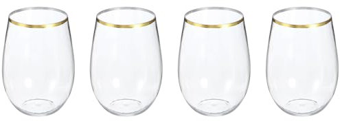 sourcing map 4pcs Wine Glasses 16oz PET with Gold Trim Drinking Glasses Stemless for Wine Glasses Red White Wine Birthdays Weddings Father's Day Bachelor Parties