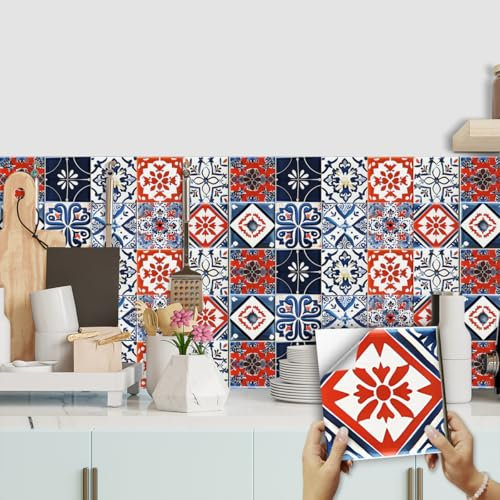 Mosaikfliesen Rotes Mandala Weiß Fliesenaufkleber PVC Hitzebeständig Klebefliesen Küche Bad Wasserdicht Tile Sticker Ölfest Selbstklebende Fliesen Badezimmer Küchenrückwand 20x20cm/20 Pcs