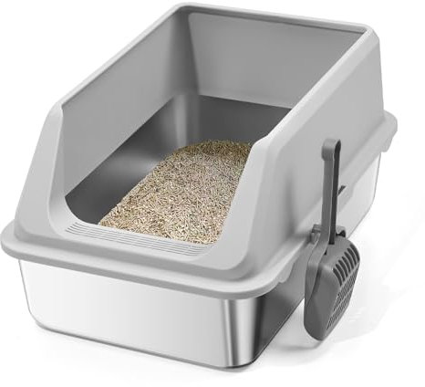 Bac à Litière pour Chat en Acier Inoxydable avec Couvercle XXL, 60x40x32cm, 30L bac à Litière pour Chat Semi-fermé avec Pelle en Plastique, 4 Couches de Tapis, étanche, pour Chats, Chatons, Lapins