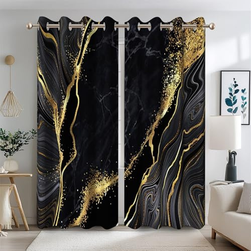 Ttincceer Verdunkelungsvorhänge aus schwarzem und goldenem Marmor, verdunkelnd luxuriöse Marmor-Rissstruktur Schlafzimmer dekorativ mit Ösen 2 Paneele wärmeisolierter Sichtschutz 117x229cm