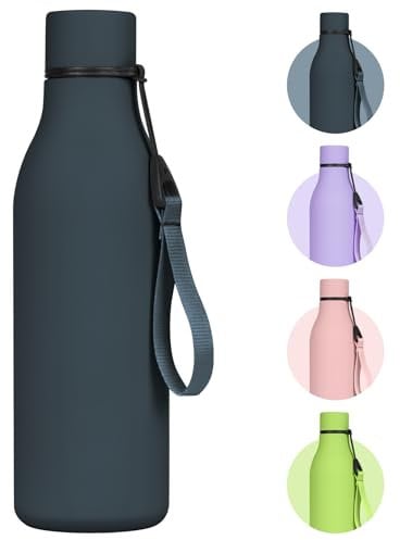 flintronic 550ml Water Bottles with Strap,Double Wall Vacuum Insulated Water Bottles Keeps Drinks Cold 24 Hrs/Hot 12 Hrs|Leak Proof|BPA Free,Stainless Steel Water Bottles for Gym,Hiking-Dark Blue