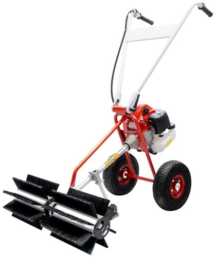 Gas Powered Sweeper Brush Broom, Cordless Walk Behind Power Shovel Snow Cleaner with Wheels, 43CC 2-Stroke 1.7HP, Outdoor Sweeping Machine for Garden, Lawn, Yard, Turf Grass