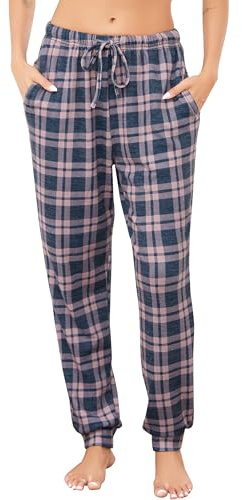Wikoan Pantalon de Pyjama Femme en Polaire Bas Pyjama Long avec Poches Pantalon de Nuit Chaud Doux Vêtements de Nuit à Carreaux S-XXL