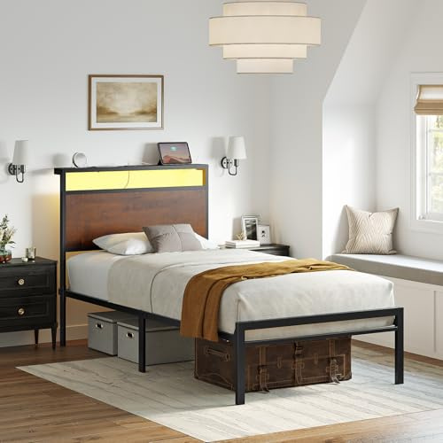 Mossora Single Bed Frame with Storage Headboard & LED Lights, Metal Bed Frame Single Bed with Charging Station Heavy-duty Slats Support Noise Free No Box Spring Needed 90 * 190cm