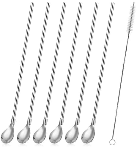 6Stück Trinkhalmlöffel mit 1 Bürsten, 2 in 1 Trinkhalme Löffel Edelstahl, Wiederverwendbar， spülmaschinengeeignete Trink-Löffel, für Smoothies, Milchshakes, Cocktail, Kaffee