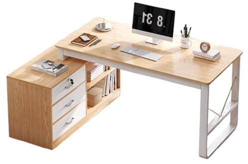 RiouPsithuric L-förmiger Computertisch mit Schubladen, großer Eckschreibtisch für zu Hause, platzsparender Schreib- und Arbeitstisch mit rechtem Schrank für kleine Räume