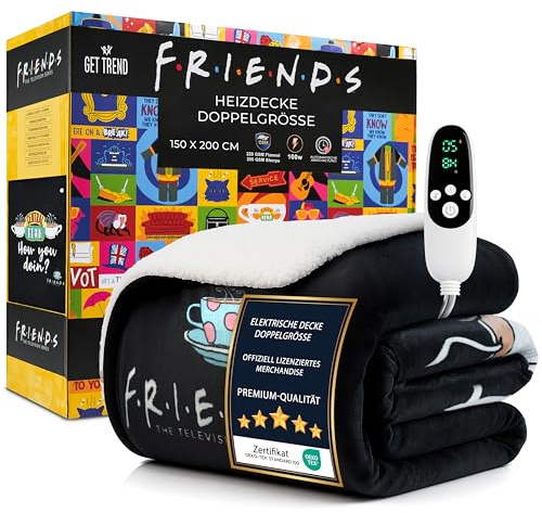 Friends Heizdecke Doppelt, Weiche Sherpa Fleecedecke 150x200cm, 9 Heizstufen, 12-Stunden-Abschaltautomatik, Warme Kuscheldecke Geschenk (Schwarz Friends, Doppel EU)