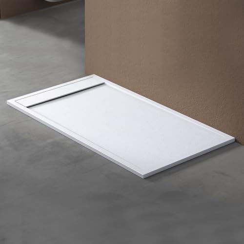 doporro Duschtasse Duschwanne 90x160x3cm Mineralguss Weiß Ablaufgarnitur | Rechteckig Duschwanne für bodenebene Montage mit DIN-Anschlüssen & Ablaufgarnitur – stabil & pflegeleicht AL06 Geoma10