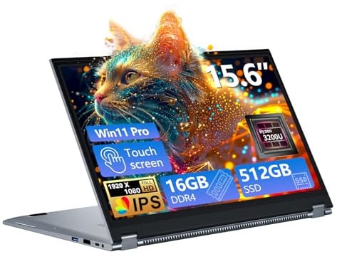 PC Portatile 2-in-1 Touchscreen da 15,6 Pollici, Notebook Win 11 con Processore Ryzen 3 3200U, 16GB RAM 512GB SSD, Laptop 360° Rotation Touchscreen 1080P FHD, Computer Portatile RJ45 USB3.0 Mini-HDMI