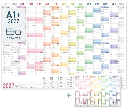 Häfft XXL Wandkalender 2027 groß A1+ quer Rainbow | Ferien & Feiertage für DE, Jahreskalender (89 x 63 cm) gefalzt, Wandplaner für 15 Monate mit extra A4-Jahresübersicht