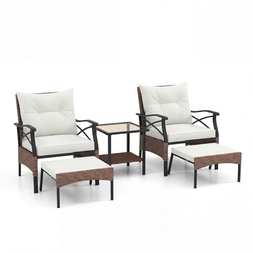 FANTASK 5-teiliges Rattan Gartenmöbel Set, Terrassenmöbel Set inkl. 2 Stühle mit Kissen, Hocker & Tisch, Garten Sitzgruppe, Balkonmöbel für Garten, Balkon, Terrasse (Braun + Beige)