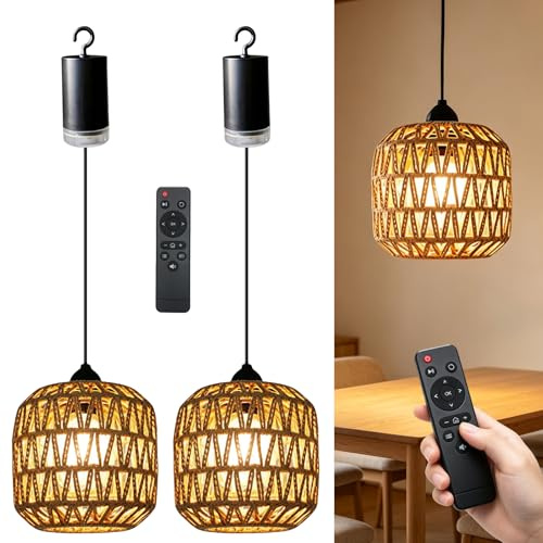 BORDEAG Hängelampe Mit Batterie, 2 Stück Boho Rattan Lampe Vintage Hängelampe, Hängeleuchte Rattan, Atteriebetriebene Lampe Mit Fernbedienung Für Bar Patio Garten Terrasse Wohnzimmer Schlafzimmer