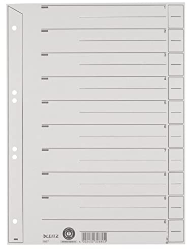 Leitz Register für A4, Deckblatt mit Linienaufdruck und 10 Trennblätter, 100 Stück, Taben individuell zuschneidbar, 100% Recyclingkarton, Blauer Engel Siegel, 60970095