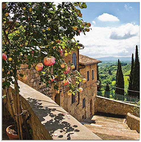 ARTland Wanddeko Glasbilder Wandbild Glas Bild einteilig 40x40 cm Quadratisch Toskana Italien Natur Landschaft Garten Rosen Balkon Ausblick Sommer T4QS