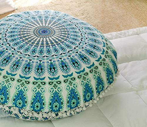 Popular Handicrafts Bodenkissen Kissenbezug – Hippie Mandala Kissenbezug groß mit Pom Poms weiche Partikel – Pouf Cover rund Bohemian Yoga Dekor, 81,3 cm Weiß Blaugrün