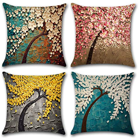 Freeas Kissenbezug 45 x 45 cm,Baumwolle Leinen Ölgemälde Bäume Kissenhülle Taille Wurf Kopfkissenbezug für Zuhause Sofa Schlafzimmer Dekoration,4 Stück