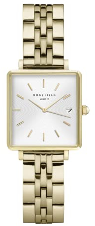 Rosefield Damenuhr The Boxy XS Gold Eckiges Gehäuse - Weißes Zifferblatt & Goldenes Edelstahl Band QMWSG-Q021