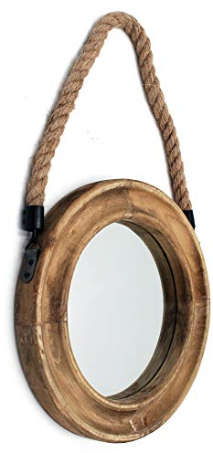 Funly mee Rustikaler runder Spiegel, mit Rahmen aus Massivholz und Seil zum Aufhängen, Wanddekoration, Antik-Optik