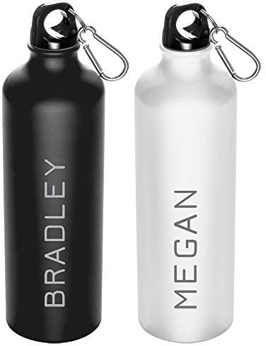 eBuyGB Personalised 800ml BPA Free Metal Reusable Water Bottle with Carabiner Clip - Unisex Custom Name - Use for School, Gym, Outdoor, Yoga & Sports (White)